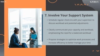 7. Involve Your Support System
• Schedule regular check-ins with your supervisor to
discuss workload and potential adjustments
• Clearly communicate your capacity and workload,
emphasizing the need for a balanced workload
• Propose strategies to optimize work processes and
increase efficiency to better manage your time
Slide 11
 