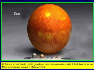O Sol e uma estrela de quinta grandeza, mas mesmo assim mede 1,3milhões de vezes Mais, em volume, do que o planeta Terra. 