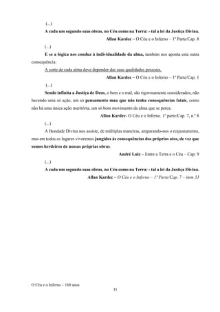 O Céu e o Inferno – 160 anos
31
(...)
A cada um segundo suas obras, no Céu como na Terra: - tal a lei da Justiça Divina.
Allan Kardec – O Céu e o Inferno – 1º Parte/Cap. 8
(...)
E se a lógica nos conduz à individualidade da alma, também nos aponta esta outra
consequência:
A sorte de cada alma deve depender das suas qualidades pessoais.
Allan Kardec – O Céu e o Inferno – 1º Parte/Cap. 1
(...)
Sendo infinita a Justiça de Deus, o bem e o mal, são rigorosamente considerados, não
havendo uma só ação, um só pensamento mau que não tenha consequências fatais, como
não há uma única ação meritória, um só bom movimento da alma que se perca.
Allan Kardec- O Céu e o Inferno. 1º parte/Cap. 7, n.º 8
(...)
A Bondade Divina nos assiste, de múltiplas maneiras, amparando-nos o reajustamento,
mas em todos os lugares viveremos jungidos às consequências dos próprios atos, de vez que
somos herdeiros de nossas próprias obras.
André Luiz – Entre a Terra e o Céu – Cap. 9
(...)
A cada um segundo suas obras, no Céu como na Terra: - tal a lei da Justiça Divina.
Allan Kardec – O Céu e o Inferno – 1º Parte/Cap. 7 – item 33
 