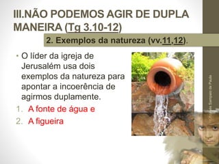 III.NÃO PODEMOS AGIR DE DUPLA 
MANEIRA (Tg 3.10-12) 
• O líder da igreja de 
Jerusalém usa dois 
exemplos da natureza para 
apontar a incoerência de 
agirmos duplamente. 
1. A fonte de água e 
2. A figueira 
Pr. Moisés Sampaio de Paula 
45 
2. Exemplos da natureza (vv.11,12). 
 
