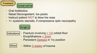 • Oral Antibiotics
• Nasal Decongestant, Ice packs
• Instruct patient NOT to blow his nose
• +/- systemic steroids, if compressive optic neuropathy
Indications • Fracture involving > 1/2 orbital floor
• Enophthalmos > 2mm
• Persistent Diplopia in 1ry position
When • Within 2 weeks of trauma
 