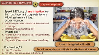 Speed & Efficacy of eye irrigation are
the most important prognostic factors
following chemical injury.
Ocular irrigation:
A. Minimise period of contact of the chemical
to the eye
B. Balance the conjunctival PH
What to use?
1. Sterile buffered solution e.g. Ringer lactate,
Normal saline
2. Tap water if necessary to avoid any delay
For how long??
A. 15 - 30 minutes
B. Till pH of the conjunctiva is balanced
 