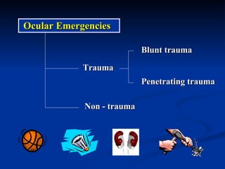 Ocular Emergencies Trauma Non - trauma Blunt trauma Penetrating trauma 