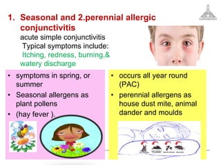 1. Seasonal and 2.perennial allergic
conjunctivitis
acute simple conjunctivitis
Typical symptoms include:
Itching, redness, burning,&
watery discharge
• symptoms in spring, or
summer
• Seasonal allergens as
plant pollens
• (hay fever ).
• occurs all year round
(PAC)
• perennial allergens as
house dust mite, animal
dander and moulds
 