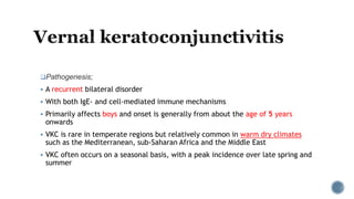 Pathogenesis;
 A recurrent bilateral disorder
 With both IgE- and cell-mediated immune mechanisms
 Primarily affects boys and onset is generally from about the age of 5 years
onwards
 VKC is rare in temperate regions but relatively common in warm dry climates
such as the Mediterranean, sub-Saharan Africa and the Middle East
 VKC often occurs on a seasonal basis, with a peak incidence over late spring and
summer
 