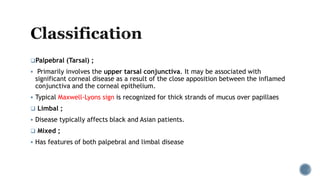 Palpebral (Tarsal) ;
 Primarily involves the upper tarsal conjunctiva. It may be associated with
significant corneal disease as a result of the close apposition between the inflamed
conjunctiva and the corneal epithelium.
 Typical Maxwell-Lyons sign is recognized for thick strands of mucus over papillaes
 Limbal ;
 Disease typically affects black and Asian patients.
 Mixed ;
 Has features of both palpebral and limbal disease
 