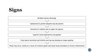 Ptosis may occur, mainly as a result of irritative spasm and tissue laxity secondary to chronic inflammation
Focal apical ulceration and whitish scarring may develop on larger papillae
Superior tarsal hyperaemia and papillae
Excessive CL mobility due to upper lid capture.
Substantial CL protein deposits may be present.
Variable mucous discharge.
 
