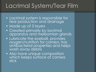 Lacrimal System/Tear Film Lacrimal system is responsible for tear production and drainage Made up of 3 layers  Created primarily by lacrimal apparatus and meibomian glands Lubricate the eyeball, provides oxygen/nutrition for cornea, has antibacterial properties and helps wash away debris  Also have unique composition which keeps surface of cornea slick 