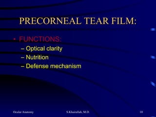 Ocular Anatomy S.Khairallah, M.D. 10
PRECORNEAL TEAR FILM:
PRECORNEAL TEAR FILM:
• FUNCTIONS:
– Optical clarity
– Nutrition
– Defense mechanism
 