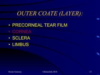 Ocular Anatomy S.Khairallah, M.D. 12
OUTER COATE (LAYER):
OUTER COATE (LAYER):
• PRECORNEAL TEAR FILM
• CORNEA
• SCLERA
• LIMBUS
 