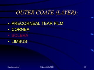 Ocular Anatomy S.Khairallah, M.D. 18
OUTER COATE (LAYER):
OUTER COATE (LAYER):
• PRECORNEAL TEAR FILM
• CORNEA
• SCLERA
• LIMBUS
 