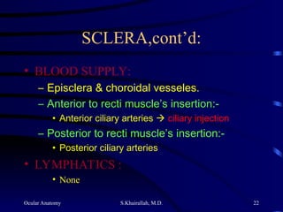 Ocular Anatomy S.Khairallah, M.D. 22
SCLERA,cont’d:
• BLOOD SUPPLY:
– Episclera & choroidal vesseles.
– Anterior to recti muscle’s insertion:-
• Anterior ciliary arteries  ciliary injection
– Posterior to recti muscle’s insertion:-
• Posterior ciliary arteries
• LYMPHATICS :
• None
 
