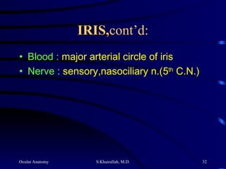 Ocular Anatomy S.Khairallah, M.D. 32
IRIS,
IRIS,cont’d:
• Blood : major arterial circle of iris
• Nerve : sensory,nasociliary n.(5th
C.N.)
 
