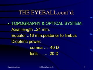 Ocular Anatomy S.Khairallah, M.D. 4
THE EYEBALL,cont’d:
• TOPOGRAPHY & OPTICAL SYSTEM:
Axial length ..24 mm.
Equator ..16 mm.posterior to limbus
Diopteric power:
cornea … 40 D
lens … 20 D
 