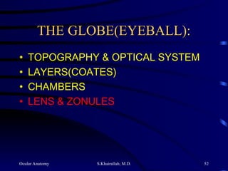 Ocular Anatomy S.Khairallah, M.D. 52
THE GLOBE(EYEBALL):
THE GLOBE(EYEBALL):
• TOPOGRAPHY & OPTICAL SYSTEM
• LAYERS(COATES)
• CHAMBERS
• LENS & ZONULES
 