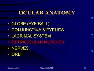 Ocular Anatomy S.Khairallah, M.D. 69
OCULAR ANATOMY
OCULAR ANATOMY
• GLOBE (EYE BALL)
• CONJUNCTIVA & EYELIDS
• LACRIMAL SYSTEM
• EXTRAOCULAR MUSCLES
• NERVES
• ORBIT
 