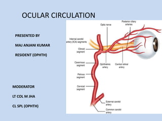 OCULAR CIRCULATION
PRESENTED BY
MAJ ANJANI KUMAR
RESIDENT (OPHTH)
MODERATOR
LT COL M JHA
CL SPL (OPHTH)
 