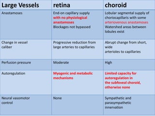 Large Vessels retina choroid
Anastamoses End-on capillary supply
with no physiological
anastamoses
Blockages not bypassed
Lobular segmental supply of
choriocapillaris with some
arteriovenous anastamoses
Watershed areas between
lobules exist
Change in vessel
caliber
Progressive reduction from
large arteries to capillaries
Abrupt change from short,
wide
arterioles to capillaries
Perfusion pressure Moderate High
Autoregulation Myogenic and metabolic
mechanisms
Limited capacity for
autoregulation in
the subfoveal choroid,
otherwise none
Neural vasomotor
control
None Sympathetic and
parasympathetic
innervation
 