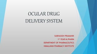 OCULAR DRUG
DELIVERY SYSTEM
SUBHASISH PRAMANIK
1st YEAR M.PHARM
DEPARTMENT OF PHARMACEUTICS
HIMALAYAN PHARMACY INSTITUTE
 