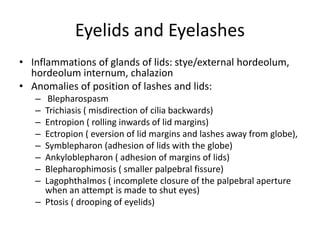Eyelids and Eyelashes
• Inflammations of glands of lids: stye/external hordeolum,
hordeolum internum, chalazion
• Anomalies of position of lashes and lids:
– Blepharospasm
– Trichiasis ( misdirection of cilia backwards)
– Entropion ( rolling inwards of lid margins)
– Ectropion ( eversion of lid margins and lashes away from globe),
– Symblepharon (adhesion of lids with the globe)
– Ankyloblepharon ( adhesion of margins of lids)
– Blepharophimosis ( smaller palpebral fissure)
– Lagophthalmos ( incomplete closure of the palpebral aperture
when an attempt is made to shut eyes)
– Ptosis ( drooping of eyelids)
 