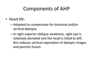 Components of AHP
• Head tilt:
– Adopted to compensate for torsional and/or
vertical diplopia
– In right superior oblique weakness, right eye is
relatively deviated and the head is tilted to left:
this reduces vertical separation of diplopic images
and permits fusion
 