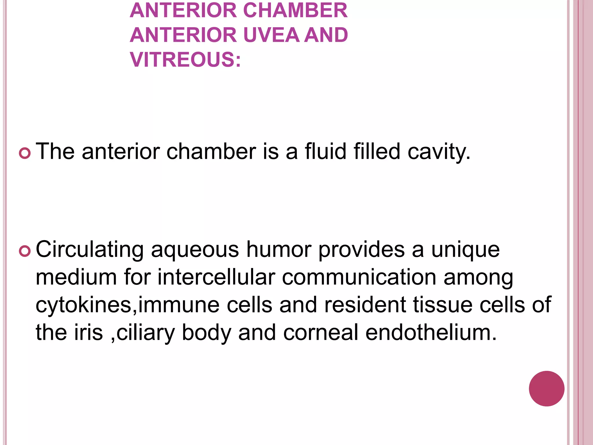 ANTERIOR CHAMBER
ANTERIOR UVEA AND
VITREOUS:
 The anterior chamber is a fluid filled cavity.
 Circulating aqueous humor provides a unique
medium for intercellular communication among
cytokines,immune cells and resident tissue cells of
the iris ,ciliary body and corneal endothelium.
 