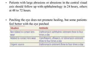 • Patients with large abrasions or abrasions in the central visual
axis should follow up with ophthalmology in 24 hours, others
at 48 to 72 hours.
• Patching the eye does not promote healing, but some patients
feel better with the eye patched
 
