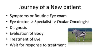 Journey of a New patient
• Symptoms or Routine Eye exam
• Eye doctor -> Specialist -> Ocular Oncologist
• Diagnosis
• Evaluation of Body
• Treatment of Eye
• Wait for response to treatment
 