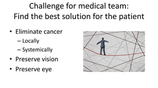 Challenge for medical team:
Find the best solution for the patient
• Eliminate cancer
– Locally
– Systemically
• Preserve vision
• Preserve eye
 