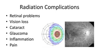 Radiation Complications
• Retinal problems
• Vision loss
• Cataract
• Glaucoma
• Inflammation
• Pain
 