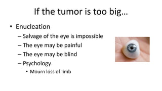 If the tumor is too big…
• Enucleation
– Salvage of the eye is impossible
– The eye may be painful
– The eye may be blind
– Psychology
• Mourn loss of limb
 