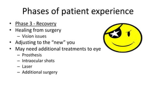 Phases of patient experience
• Phase 3 - Recovery
• Healing from surgery
– Vision issues
• Adjusting to the “new” you
• May need additional treatments to eye
– Prosthesis
– Intraocular shots
– Laser
– Additional surgery
 