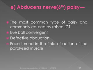  The most common type of palsy and
commonly caused by raised ICT
 Eye ball convergent
 Defective abduction
 Face turned in the field of action of the
paralysed muscle
6/17/2015Dr. Mohd Najmussadiq Khan, M. S. (Ophth) 129
 