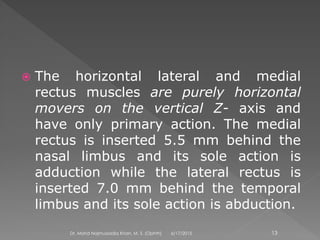  The horizontal lateral and medial
rectus muscles are purely horizontal
movers on the vertical Z- axis and
have only primary action. The medial
rectus is inserted 5.5 mm behind the
nasal limbus and its sole action is
adduction while the lateral rectus is
inserted 7.0 mm behind the temporal
limbus and its sole action is abduction.
6/17/2015Dr. Mohd Najmussadiq Khan, M. S. (Ophth) 13
 