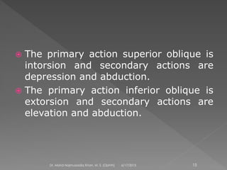  The primary action superior oblique is
intorsion and secondary actions are
depression and abduction.
 The primary action inferior oblique is
extorsion and secondary actions are
elevation and abduction.
6/17/2015Dr. Mohd Najmussadiq Khan, M. S. (Ophth) 15
 