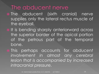  The abducent (sixth cranial) nerve
supplies only the lateral rectus muscle of
the eyeball.
 It is bending sharply anteriorward across
the superior border of the apical portion
of the petrous part of the temporal
bone.
 This perhaps accounts for abducent
involvement in almost any cerebral
lesion that is accompanied by increased
intracranial pressure.
6/17/2015Dr. Mohd Najmussadiq Khan, M. S. (Ophth) 19
 
