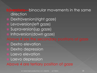 b)versions—binocular movements in the same
direction
 Dextroversion(right gaze)
 Levoversion(left gaze)
 Supraversion(up gaze)
 Infraversion(down gaze)
Above 4 are the secondary positions of gaze
 Dextro elevation
 Dextro depression
 Laevo elevation
 Laevo depression
Above 4 are tertiary position of gaze
6/17/2015Dr. Mohd Najmussadiq Khan, M. S. (Ophth) 22
 