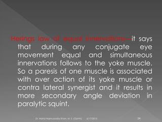 Herings law of equal innervations—it says
that during any conjugate eye
movement equal and simultaneous
innervations follows to the yoke muscle.
So a paresis of one muscle is associated
with over action of its yoke muscle or
contra lateral synergist and it results in
more secondary angle deviation in
paralytic squint.
6/17/2015Dr. Mohd Najmussadiq Khan, M. S. (Ophth) 24
 