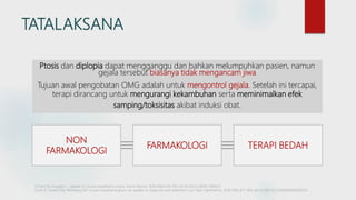 TATALAKSANA
Ptosis dan diplopia dapat mengganggu dan bahkan melumpuhkan pasien, namun
gejala tersebut biasanya tidak mengancam jiwa
Tujuan awal pengobatan OMG adalah untuk mengontrol gejala. Setelah ini tercapai,
terapi dirancang untuk mengurangi kekambuhan serta meminimalkan efek
samping/toksisitas akibat induksi obat.
TERAPI BEDAH
FARMAKOLOGI
NON
FARMAKOLOGI
O'Hare M, Doughty C. Update on Ocular Myasthenia Gravis. Semin Neurol. 2019;39(6):749-760. doi:10.1055/s-0039-1700527
Fortin E, Cestari DM, Weinberg DH. Ocular myasthenia gravis: an update on diagnosis and treatment. Curr Opin Ophthalmol. 2018;29(6):477-484. doi:10.1097/ICU.0000000000000526
 