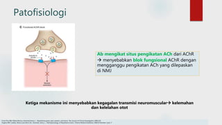 Patofisiologi
Ab mengikat situs pengikatan ACh dari AChR
 menyebabkan blok fungsional AChR dengan
mengganggu pengikatan ACh yang dilepaskan
di NMJ
Ketiga mekanisme ini menyebabkan kegagalan transmisi neuromuscular kelemahan
dan kelelahan otot
Conti-Fine BM, Milani,Monica ,Kaminski,Henry J. . Myasthenia gravis: past, present, and future. The Journal of Clinical Investigation 2006;116
Hughes BW, Casillas, Maria Luisa Moro De , Kaminski, Henry J.,. Pathophysiology of Myasthenia Gravis. Thieme Medical Publishers 2004;24 Number 1:p21-7
 