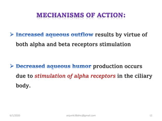 results by virtue of
both alpha and beta receptors stimulation
production occurs
due to stimulation of alpha receptors in the ciliary
body.
6/1/2020 anjumk38dmc@gmail.com 12
 
