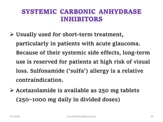  Usually used for short-term treatment,
particularly in patients with acute glaucoma.
Because of their systemic side effects, long-term
use is reserved for patients at high risk of visual
loss. Sulfonamide (‘sulfa’) allergy is a relative
contraindication.
 Acetazolamide is available as 250 mg tablets
(250–1000 mg daily in divided doses)
6/1/2020 anjumk38dmc@gmail.com 29
 