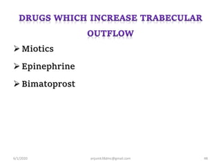  Miotics
 Epinephrine
 Bimatoprost
6/1/2020 anjumk38dmc@gmail.com 48
 