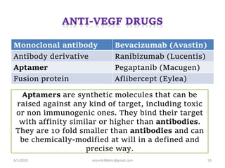 Monoclonal antibody Bevacizumab (Avastin)
Antibody derivative Ranibizumab (Lucentis)
Aptamer Pegaptanib (Macugen)
Fusion protein Aflibercept (Eylea)
6/1/2020 anjumk38dmc@gmail.com 53
Aptamers are synthetic molecules that can be
raised against any kind of target, including toxic
or non immunogenic ones. They bind their target
with affinity similar or higher than antibodies.
They are 10 fold smaller than antibodies and can
be chemically-modified at will in a defined and
precise way.
 