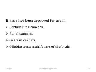 It has since been approved for use in
 Certain lung cancers,
 Renal cancers,
 Ovarian cancers
 Glioblastoma multiforme of the brain
6/1/2020 anjumk38dmc@gmail.com 55
 
