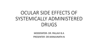 OCULAR SIDE EFFECTS OF
SYSTEMICALLY ADMINISTERED
DRUGS
MODERATOR- DR. PALLAVI B.A
PRESENTER- DR.MANJUNATH.N
 