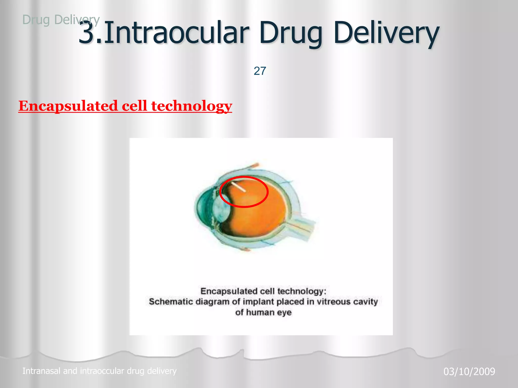 27
Intranasal and intraoccular drug delivery 03/10/2009
3.Intraocular Drug Delivery
Encapsulated cell technology
Drug Delivery
 