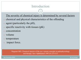Introduction
8/12/2019Sah Surendra HEH
3
The severity of chemical injury is determined by several factors
o chemical and physical characteristics of the offending
o agent (particularly the pH),
o specific reactivity with tissues (pK)
o concentration
o volume
o temperature
o impact force.
Wagoner MD. Chemical injuries of the eye: current concepts in pathophysiology
and therapy. Surv Ophthalmol 1997;41:275-313
 