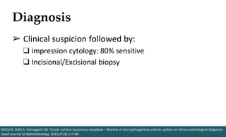 Diagnosis
➢ Clinical suspicion followed by:
❑ impression cytology: 80% sensitive
❑ Incisional/Excisional biopsy
Mittal R, Rath S, Vemuganti GK. Ocular surface squamous neoplasia – Review of etio-pathogenesis and an update on clinico-pathological diagnosis.
Saudi Journal of Ophthalmology 2013;27(3):177-86.
 