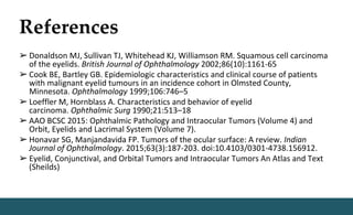 References
➢ Donaldson MJ, Sullivan TJ, Whitehead KJ, Williamson RM. Squamous cell carcinoma
of the eyelids. British Journal of Ophthalmology 2002;86(10):1161-65
➢ Cook BE, Bartley GB. Epidemiologic characteristics and clinical course of patients
with malignant eyelid tumours in an incidence cohort in Olmsted County,
Minnesota. Ophthalmology 1999;106:746–5
➢ Loeffler M, Hornblass A. Characteristics and behavior of eyelid
carcinoma. Ophthalmic Surg 1990;21:513–18
➢ AAO BCSC 2015: Ophthalmic Pathology and Intraocular Tumors (Volume 4) and
Orbit, Eyelids and Lacrimal System (Volume 7).
➢ Honavar SG, Manjandavida FP. Tumors of the ocular surface: A review. Indian
Journal of Ophthalmology. 2015;63(3):187-203. doi:10.4103/0301-4738.156912.
➢ Eyelid, Conjunctival, and Orbital Tumors and Intraocular Tumors An Atlas and Text
(Sheilds)
 